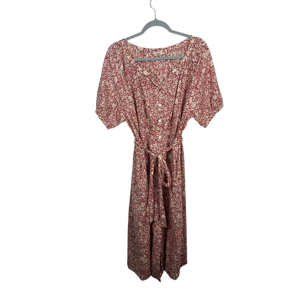 Faherty Midi Dress Womens Medium Red Floral Organic Cotton Excellent Tie Waist